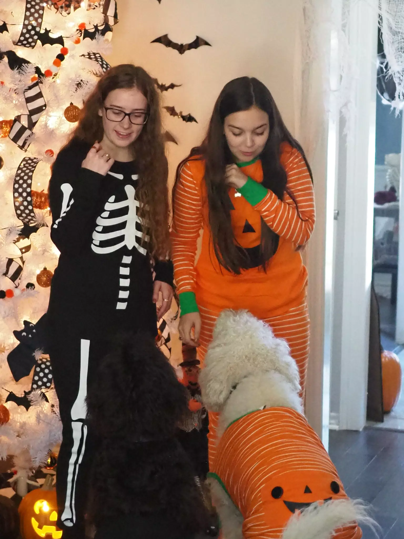 Madeline & Emily w Dogs in Halloween Pajama Photoshoot