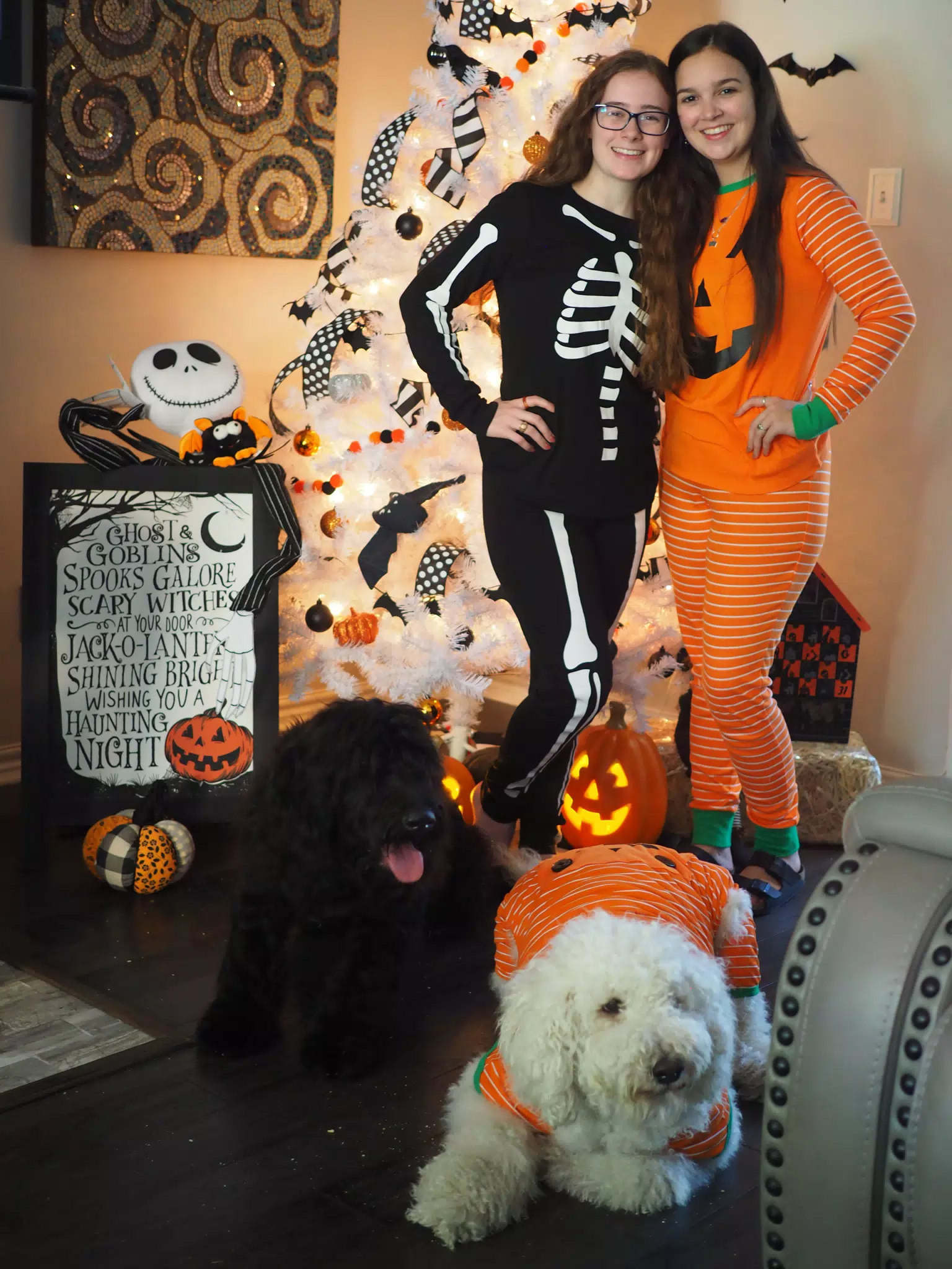 Madeline & Emily w Dogs in Halloween Pajama Photoshoot