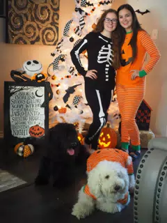 Madeline & Emily w Dogs in Halloween Pajama Photoshoot
