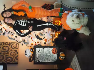 Madeline & Emily w Dogs in Halloween Pajama Photoshoot