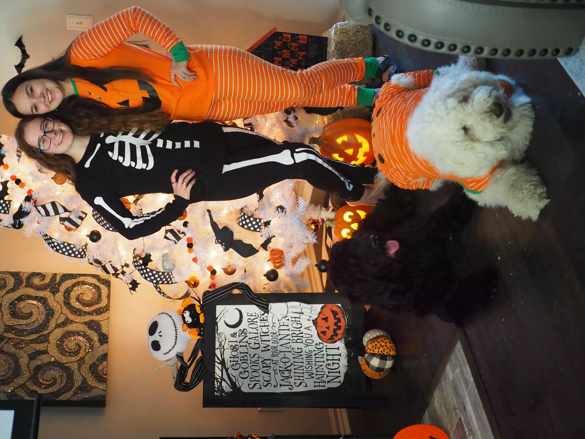 Madeline & Emily w Dogs in Halloween Pajama Photoshoot