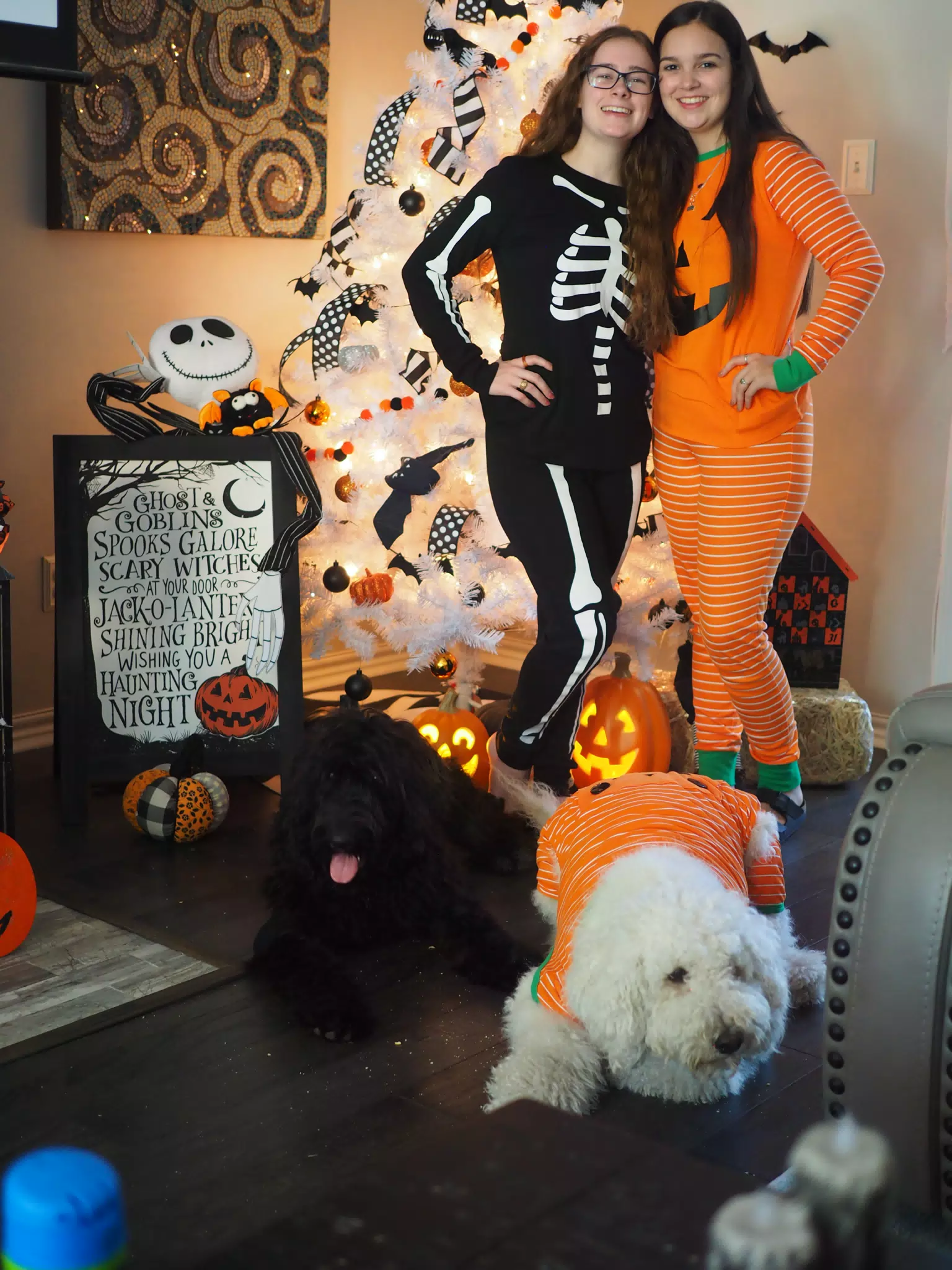 Madeline & Emily w Dogs in Halloween Pajama Photoshoot
