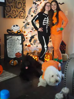 Madeline & Emily w Dogs in Halloween Pajama Photoshoot