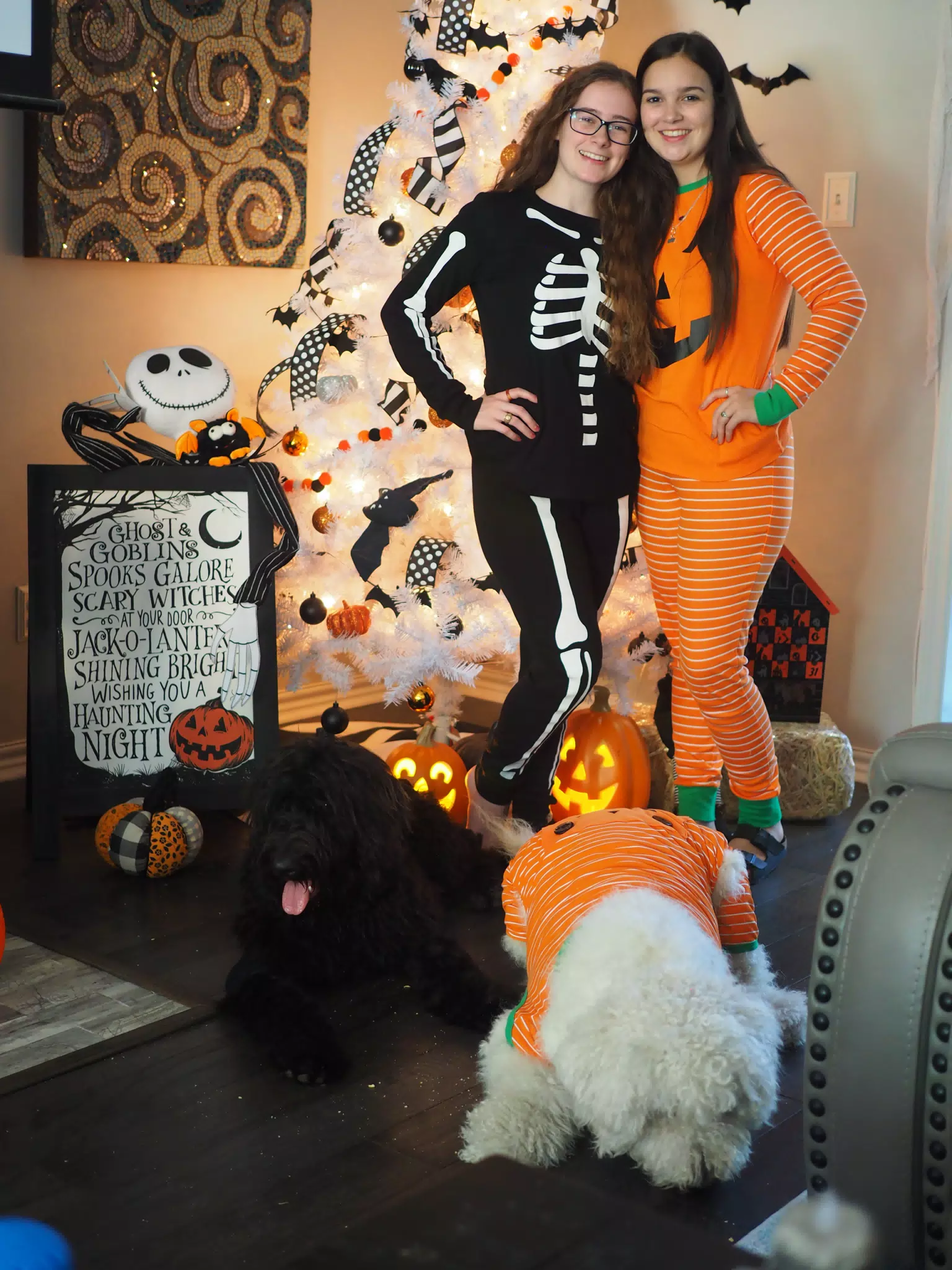 Madeline & Emily w Dogs in Halloween Pajama Photoshoot
