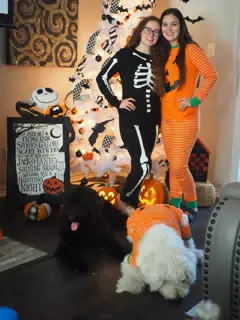 Madeline & Emily w Dogs in Halloween Pajama Photoshoot