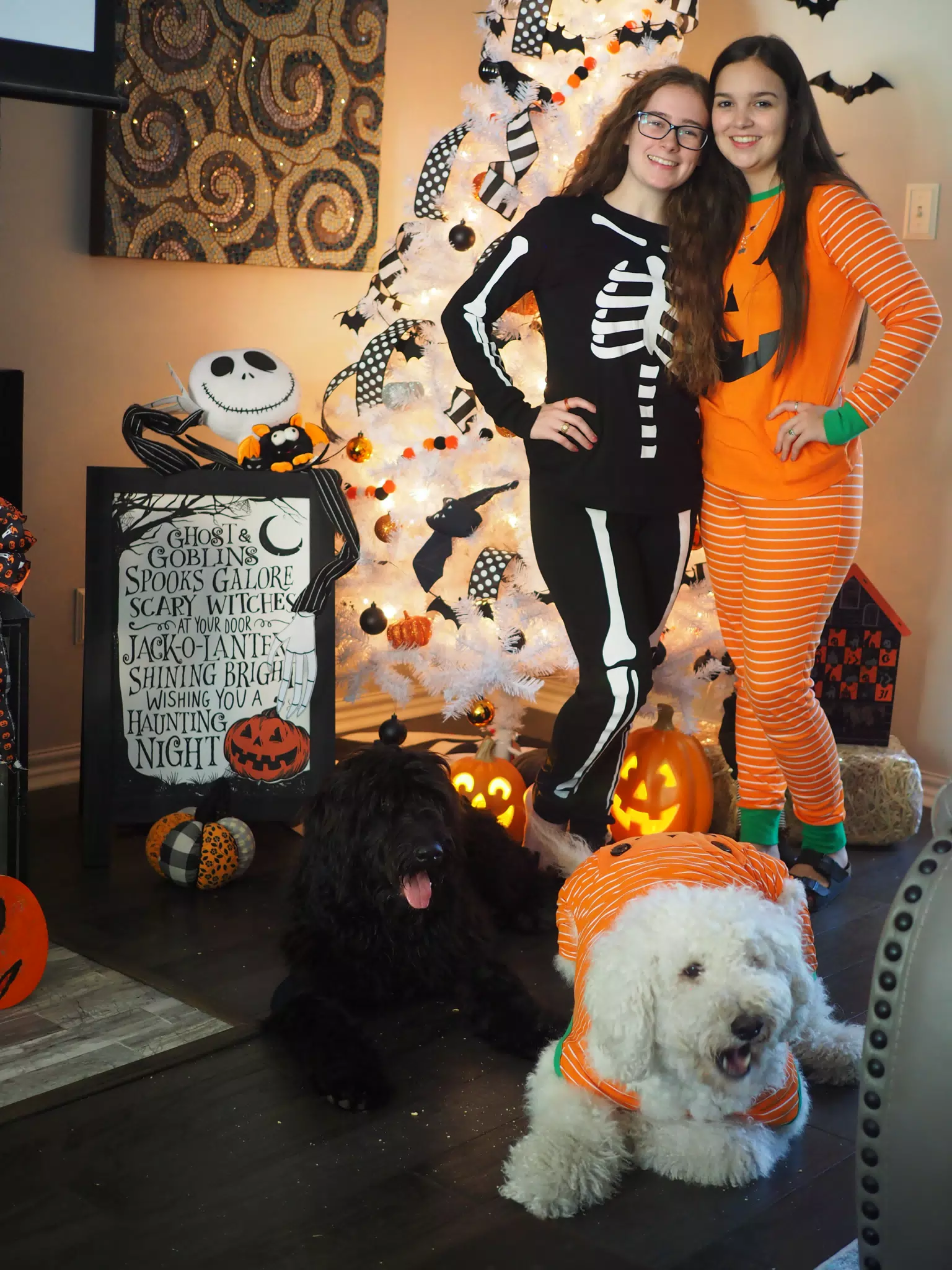Madeline & Emily w Dogs in Halloween Pajama Photoshoot