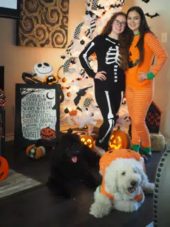 Madeline & Emily w Dogs in Halloween Pajama Photoshoot