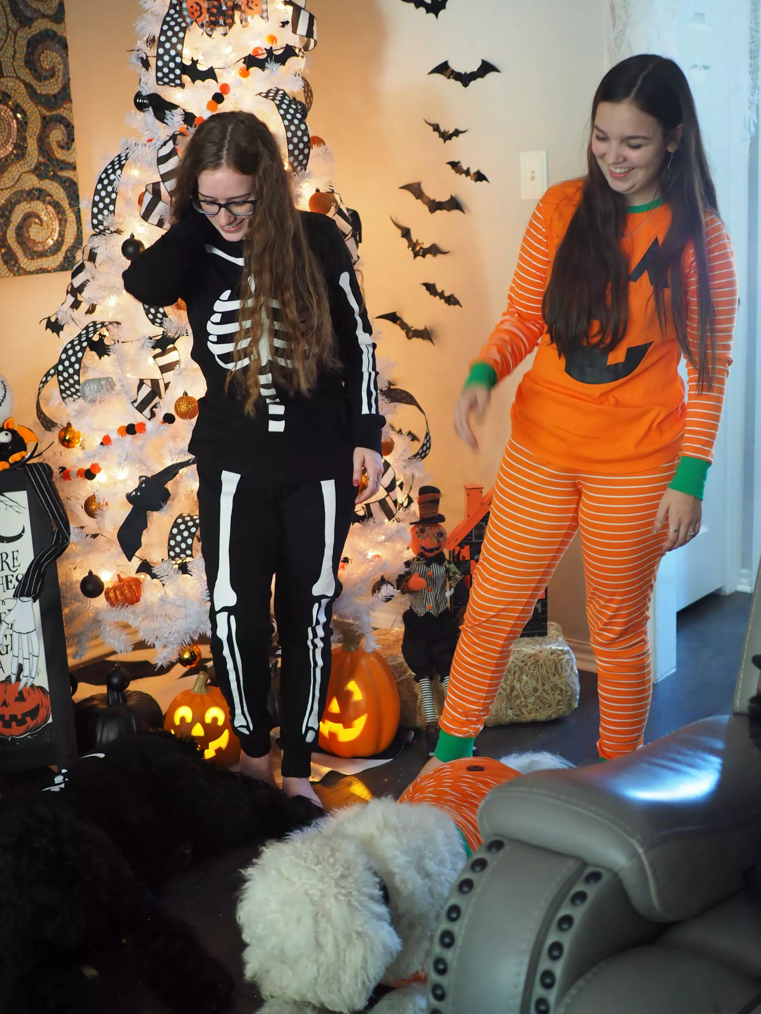 Madeline & Emily w Dogs in Halloween Pajama Photoshoot