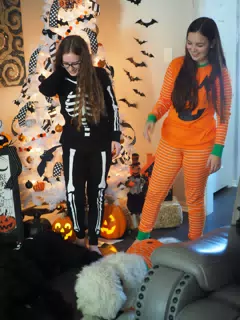 Madeline & Emily w Dogs in Halloween Pajama Photoshoot