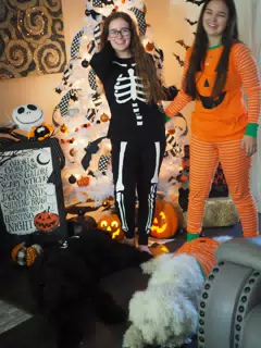 Madeline & Emily w Dogs in Halloween Pajama Photoshoot