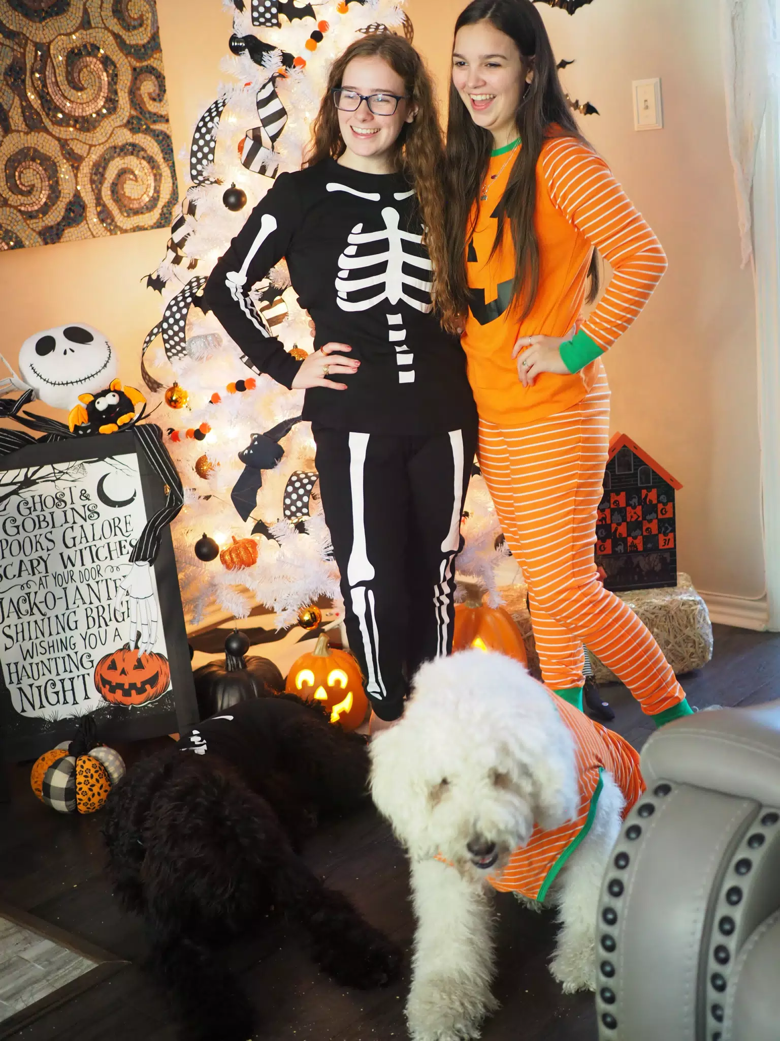 Madeline & Emily w Dogs in Halloween Pajama Photoshoot