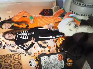 Madeline & Emily w Dogs in Halloween Pajama Photoshoot