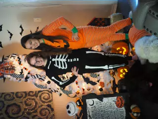Madeline & Emily w Dogs in Halloween Pajama Photoshoot