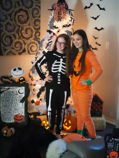 Madeline & Emily w Dogs in Halloween Pajama Photoshoot