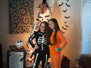 Madeline & Emily w Dogs in Halloween Pajama Photoshoot