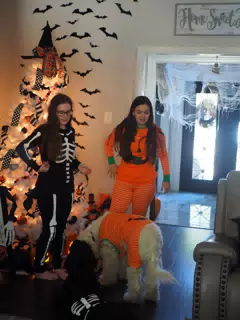 Madeline & Emily w Dogs in Halloween Pajama Photoshoot