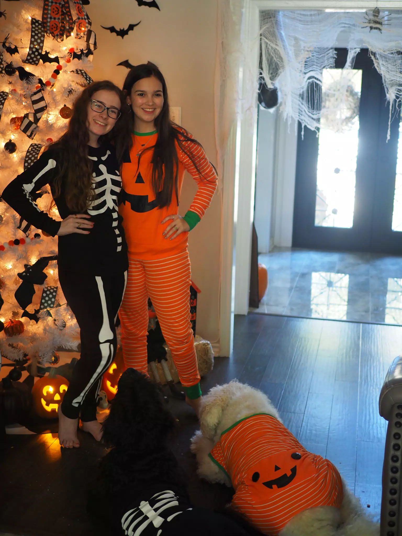 Madeline & Emily w Dogs in Halloween Pajama Photoshoot