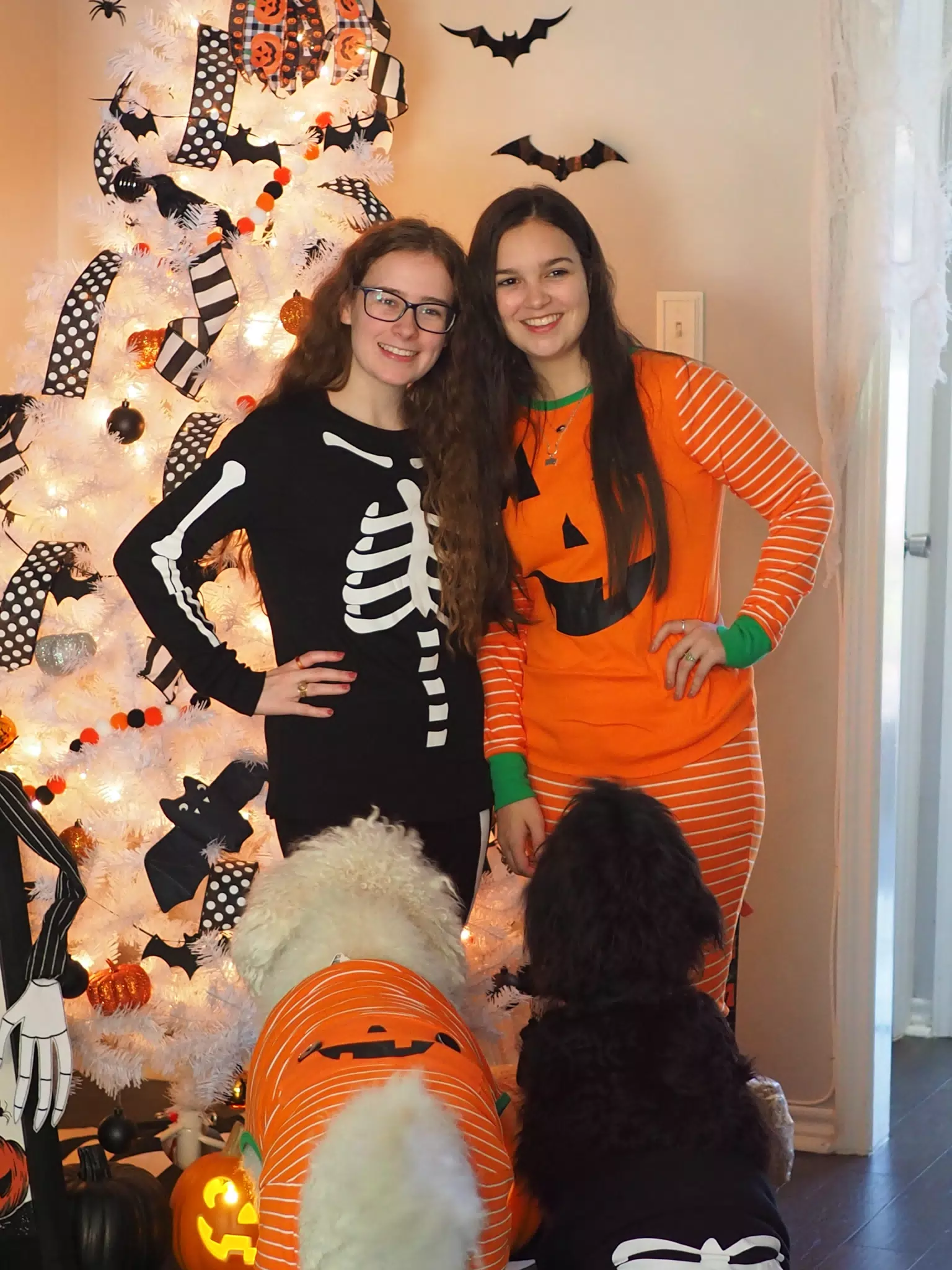 Madeline & Emily w Dogs in Halloween Pajama Photoshoot