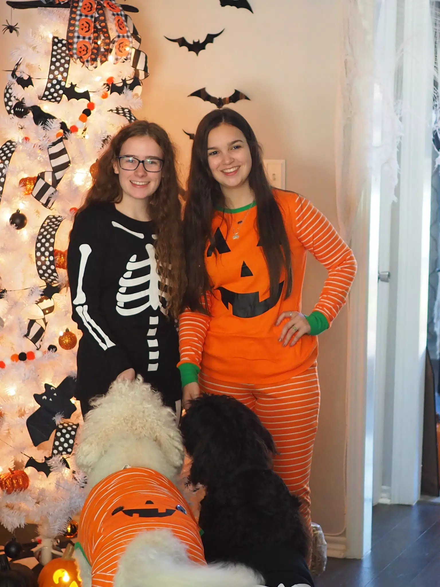 Madeline & Emily w Dogs in Halloween Pajama Photoshoot