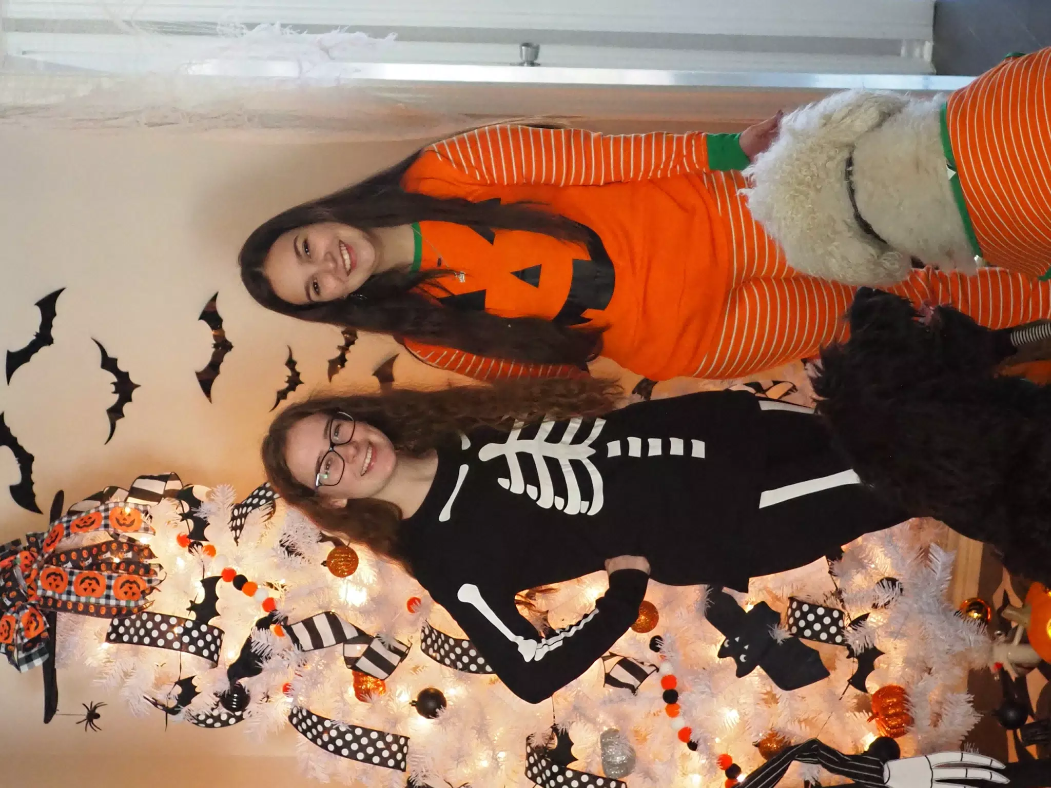 Madeline & Emily w Dogs in Halloween Pajama Photoshoot