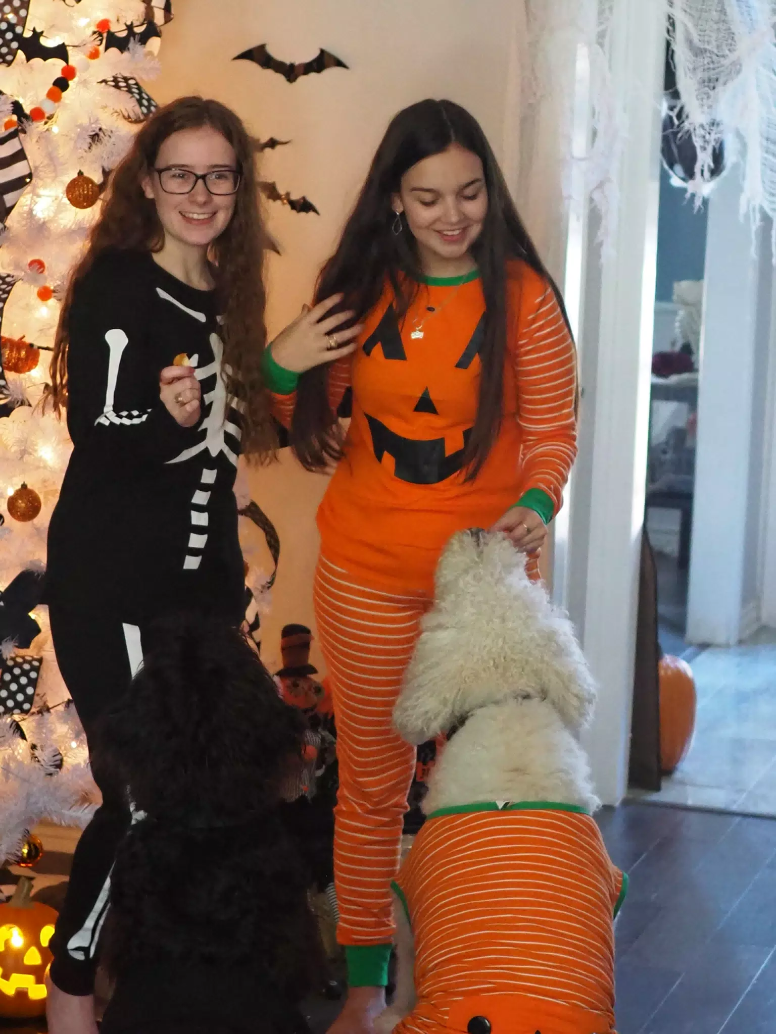 Madeline & Emily w Dogs in Halloween Pajama Photoshoot