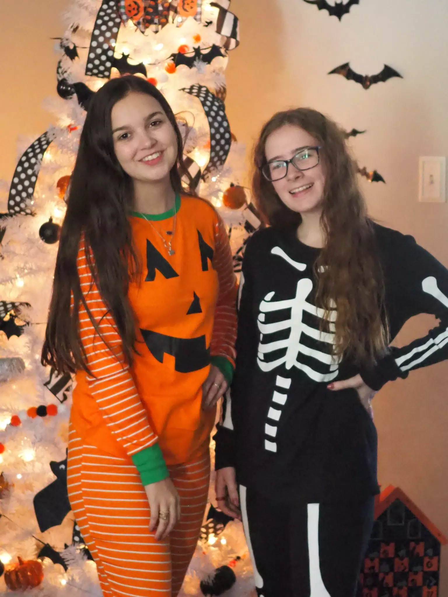 Madeline & Emily w Dogs in Halloween Pajama Photoshoot