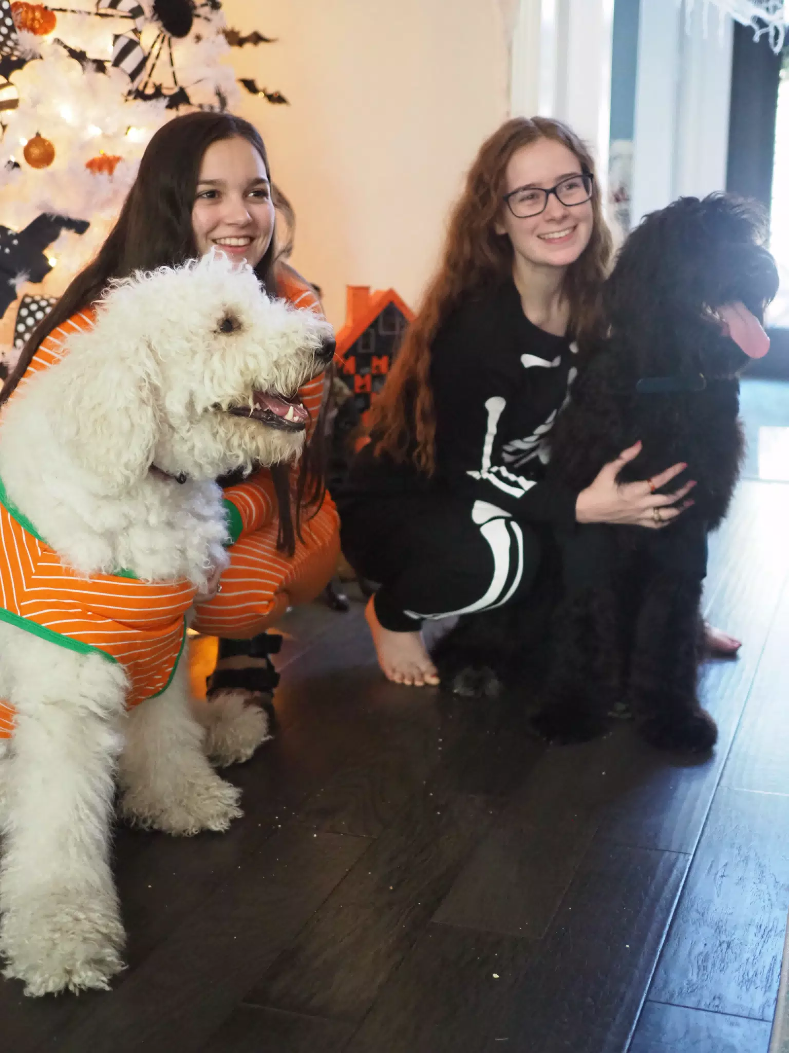 Madeline & Emily w Dogs in Halloween Pajama Photoshoot