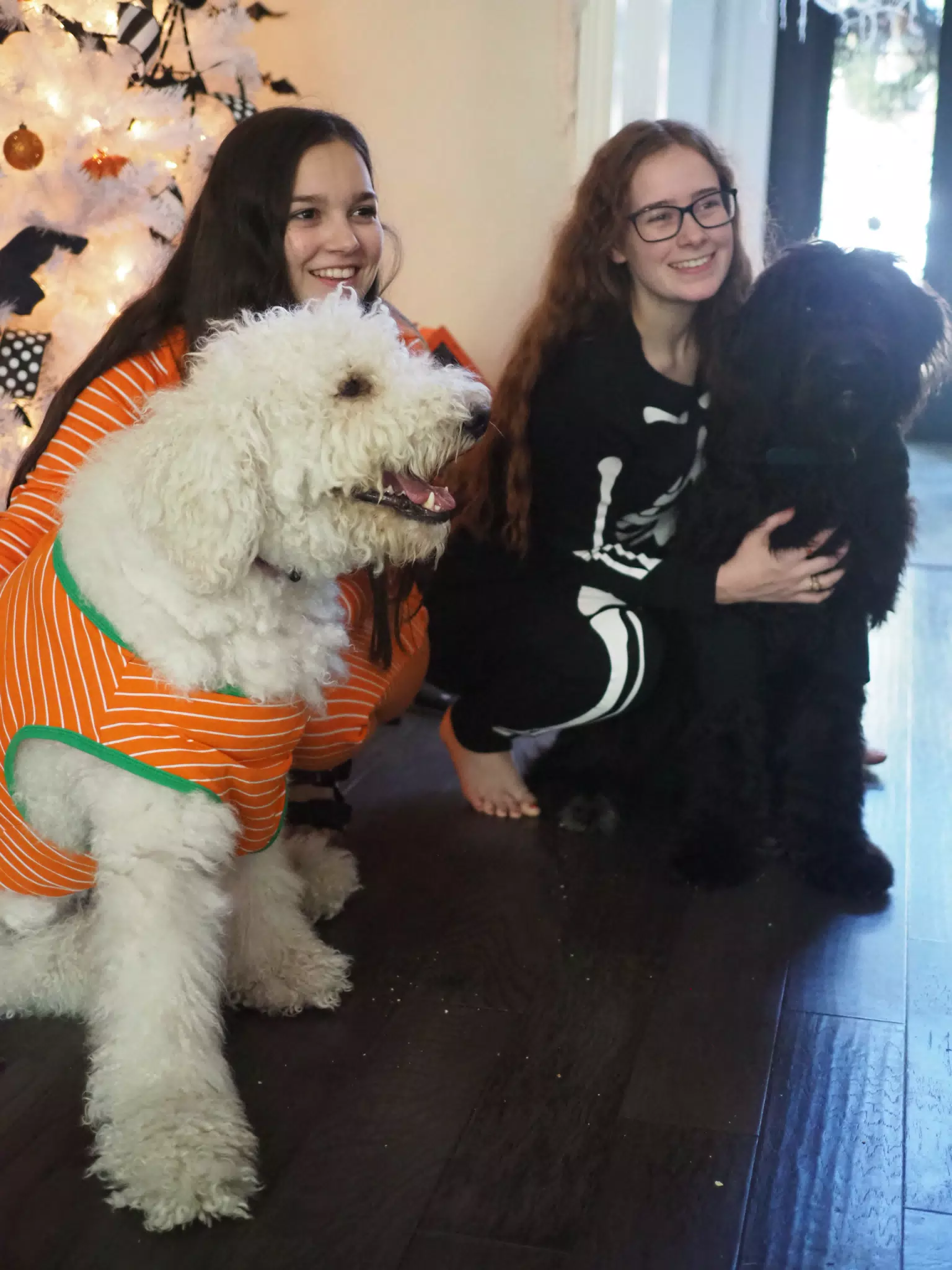 Madeline & Emily w Dogs in Halloween Pajama Photoshoot