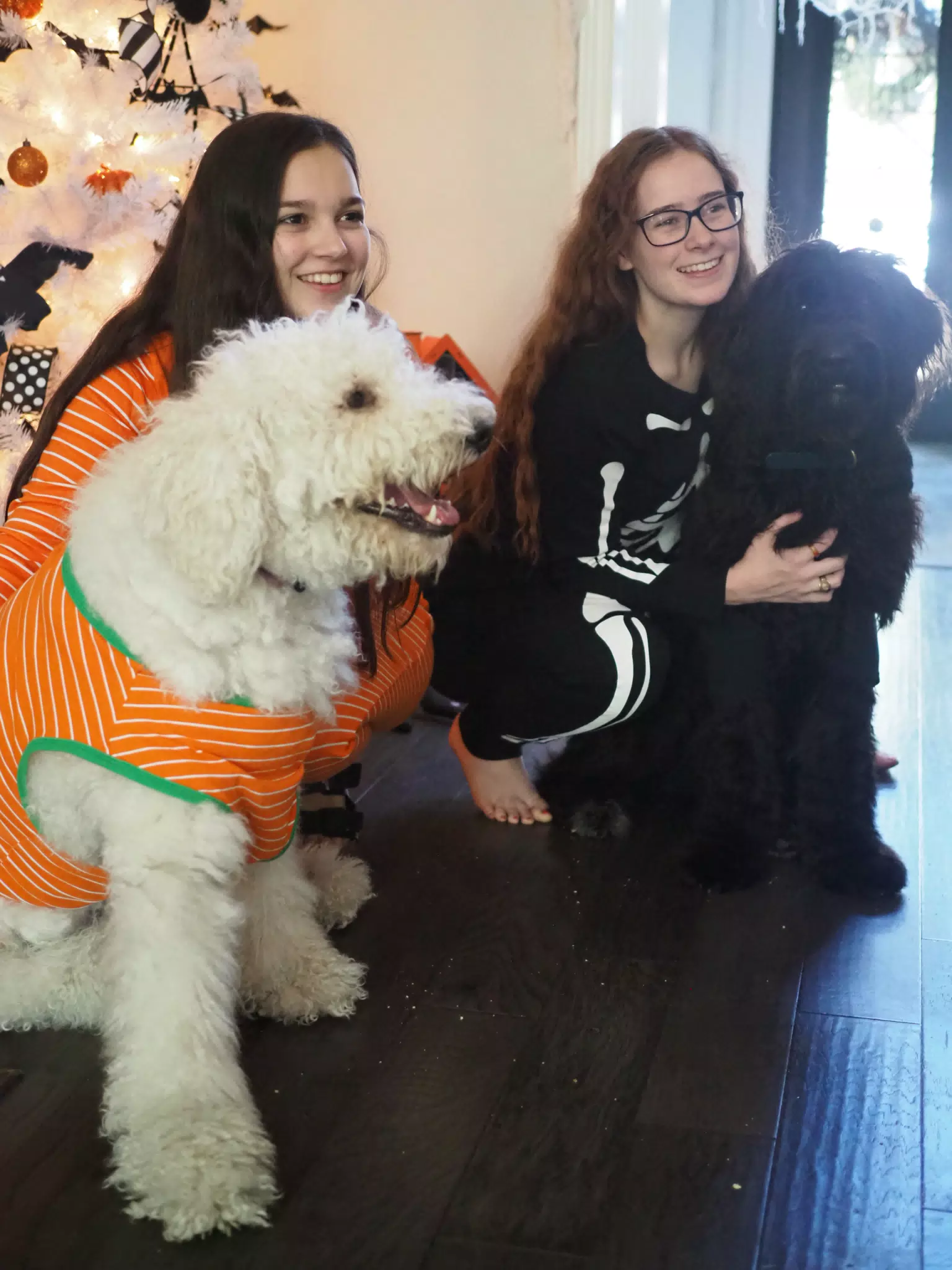 Madeline & Emily w Dogs in Halloween Pajama Photoshoot