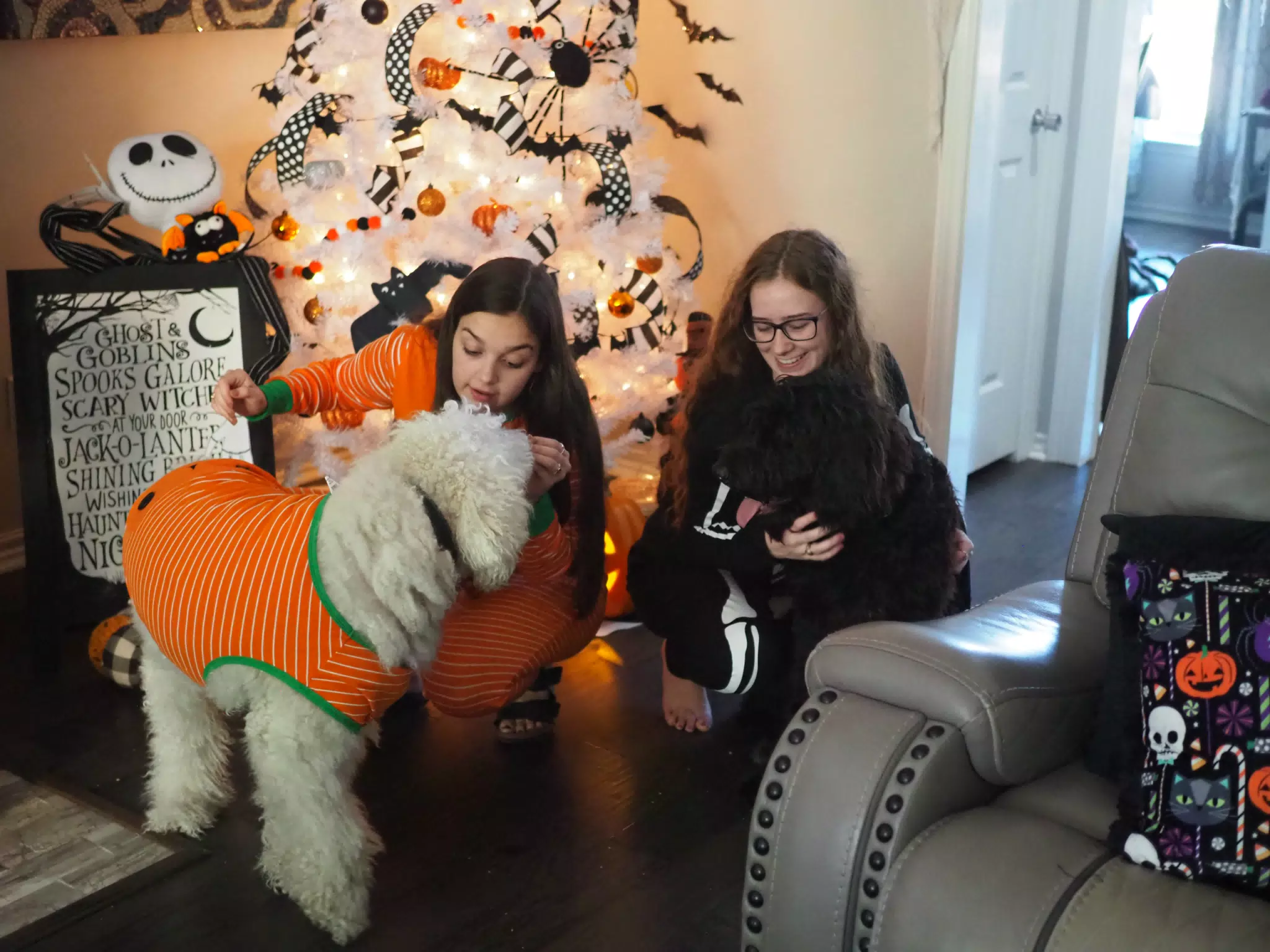 Madeline & Emily w Dogs in Halloween Pajama Photoshoot
