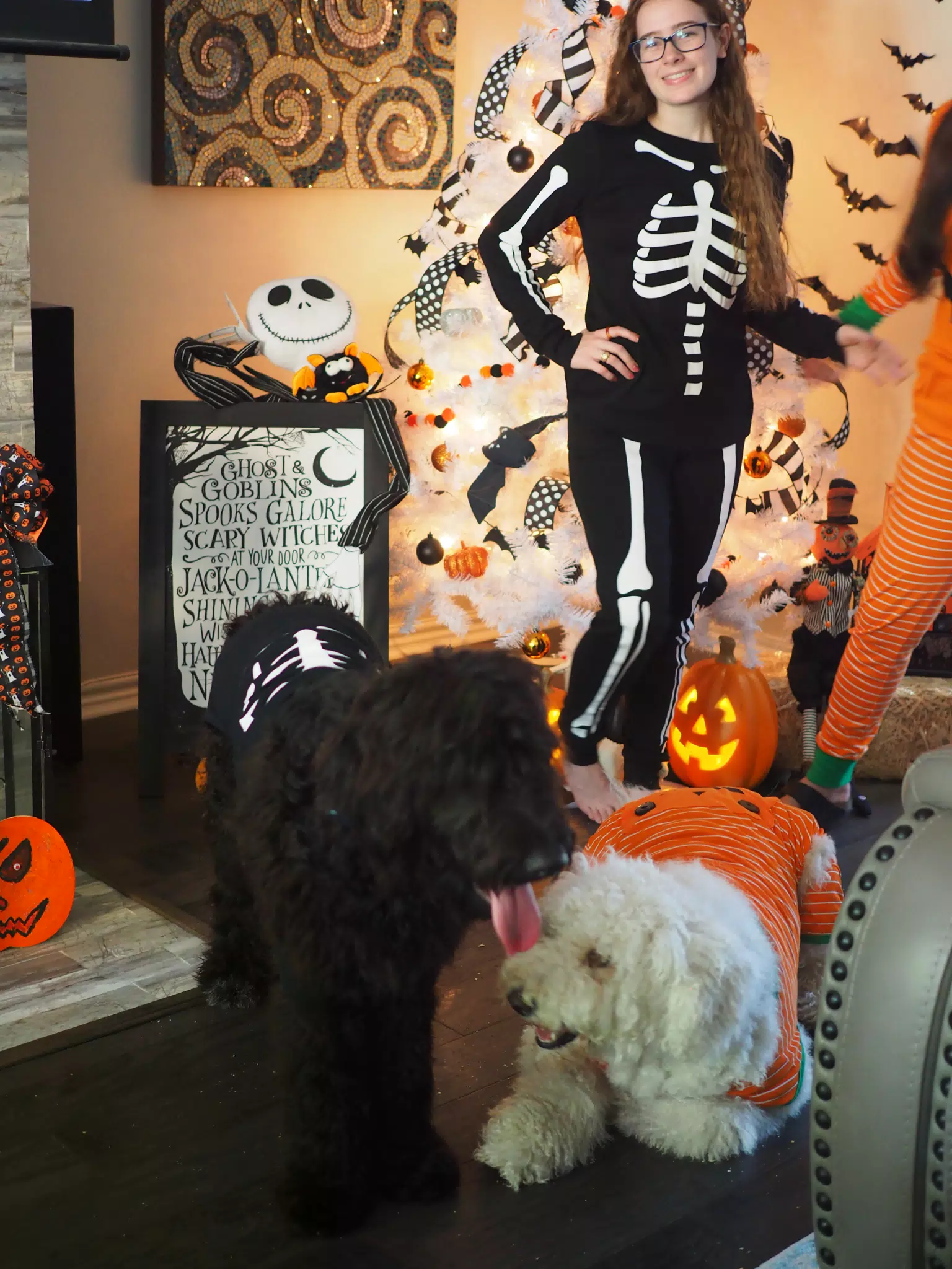 Madeline & Emily w Dogs in Halloween Pajama Photoshoot