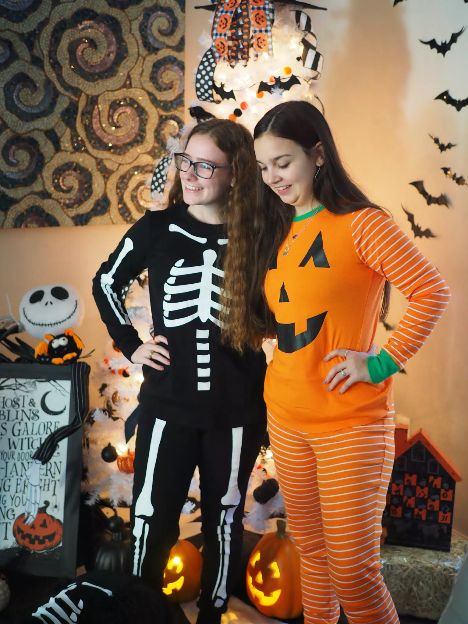 Madeline & Emily w Dogs in Halloween Pajama Photoshoot