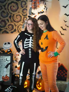 Madeline & Emily w Dogs in Halloween Pajama Photoshoot