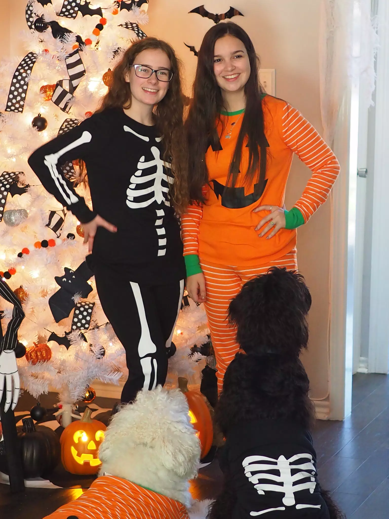 Madeline & Emily w Dogs in Halloween Pajama Photoshoot