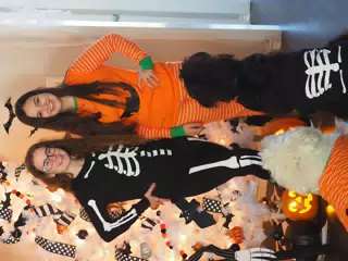 Madeline & Emily w Dogs in Halloween Pajama Photoshoot