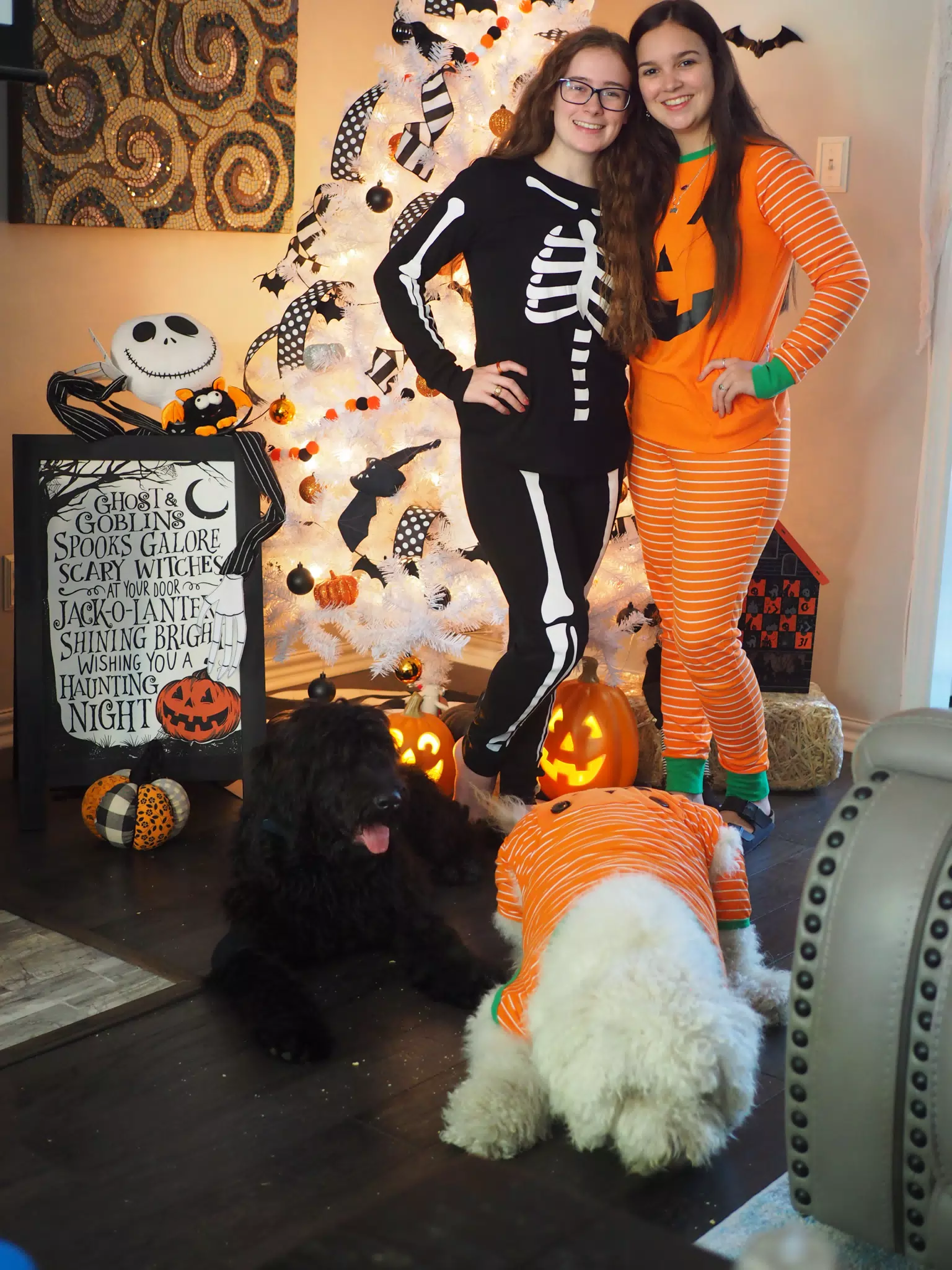 Madeline & Emily w Dogs in Halloween Pajama Photoshoot