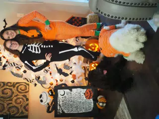Madeline & Emily w Dogs in Halloween Pajama Photoshoot