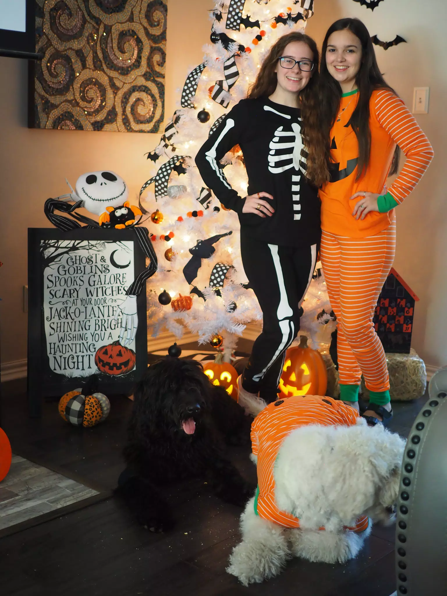 Madeline & Emily w Dogs in Halloween Pajama Photoshoot
