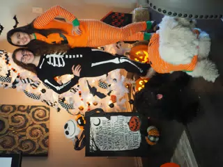 Madeline & Emily w Dogs in Halloween Pajama Photoshoot