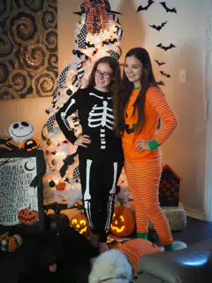 Madeline & Emily w Dogs in Halloween Pajama Photoshoot
