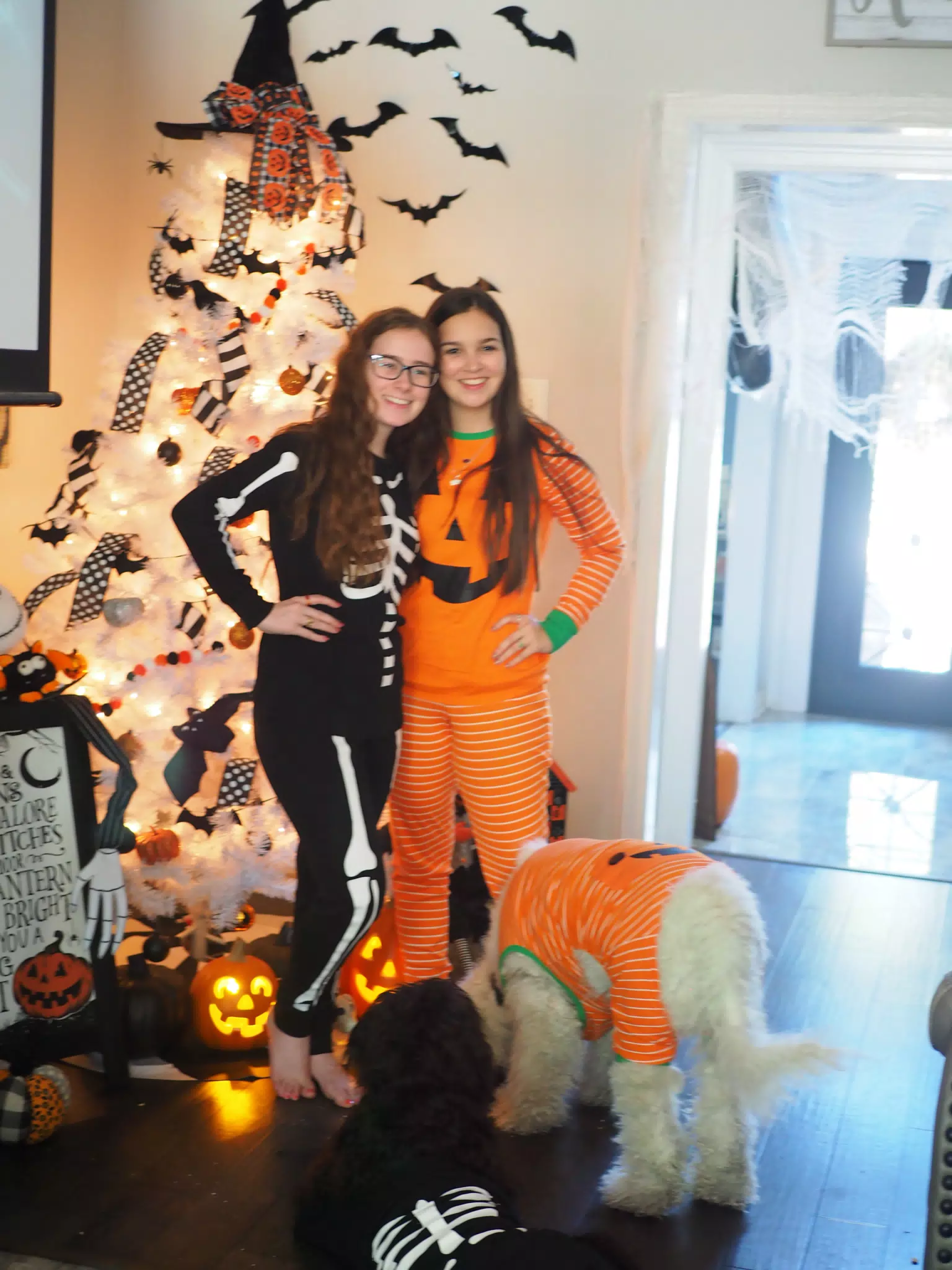 Madeline & Emily w Dogs in Halloween Pajama Photoshoot