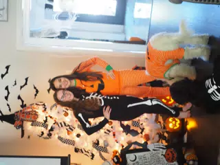 Madeline & Emily w Dogs in Halloween Pajama Photoshoot