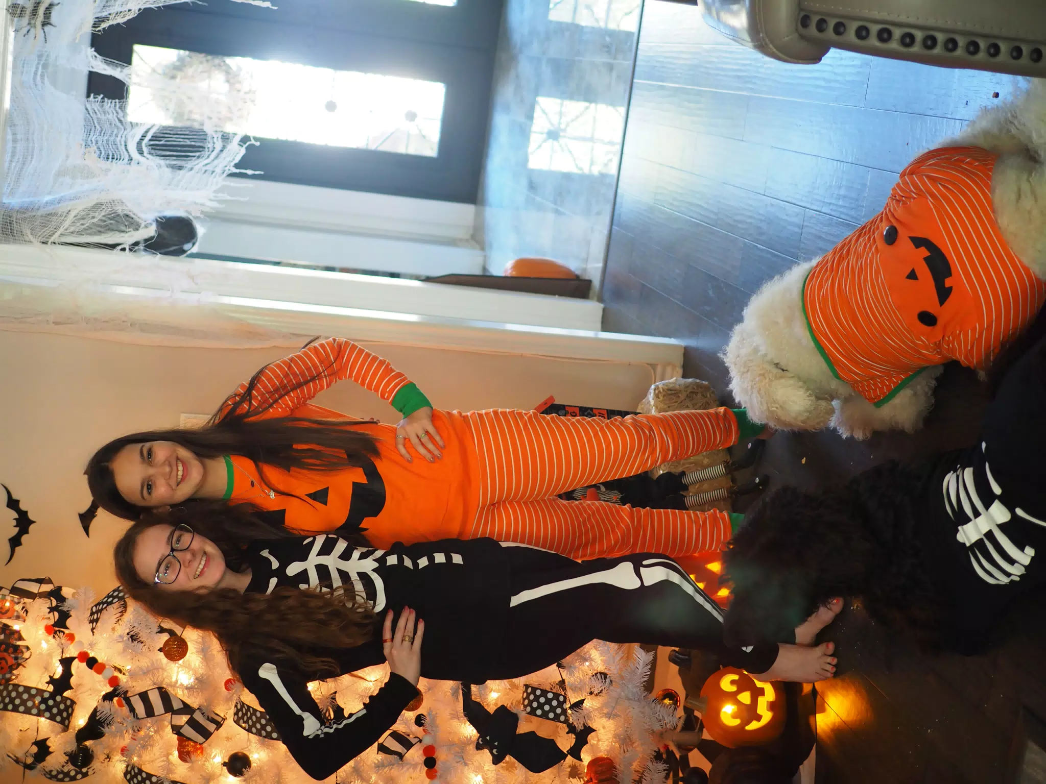 Madeline & Emily w Dogs in Halloween Pajama Photoshoot