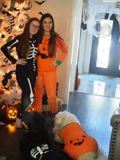 Madeline & Emily w Dogs in Halloween Pajama Photoshoot