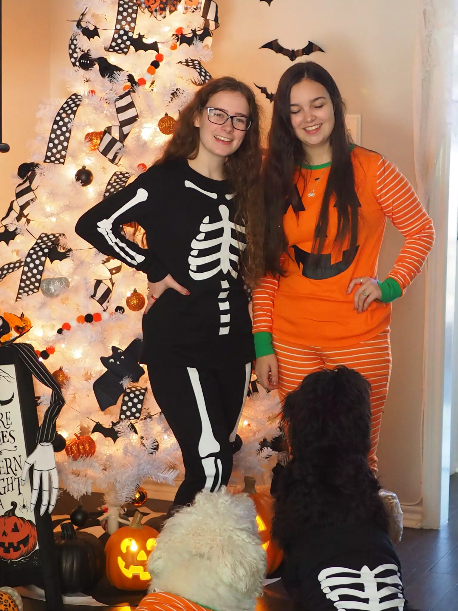 Madeline & Emily w Dogs in Halloween Pajama Photoshoot