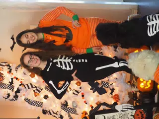 Madeline & Emily w Dogs in Halloween Pajama Photoshoot