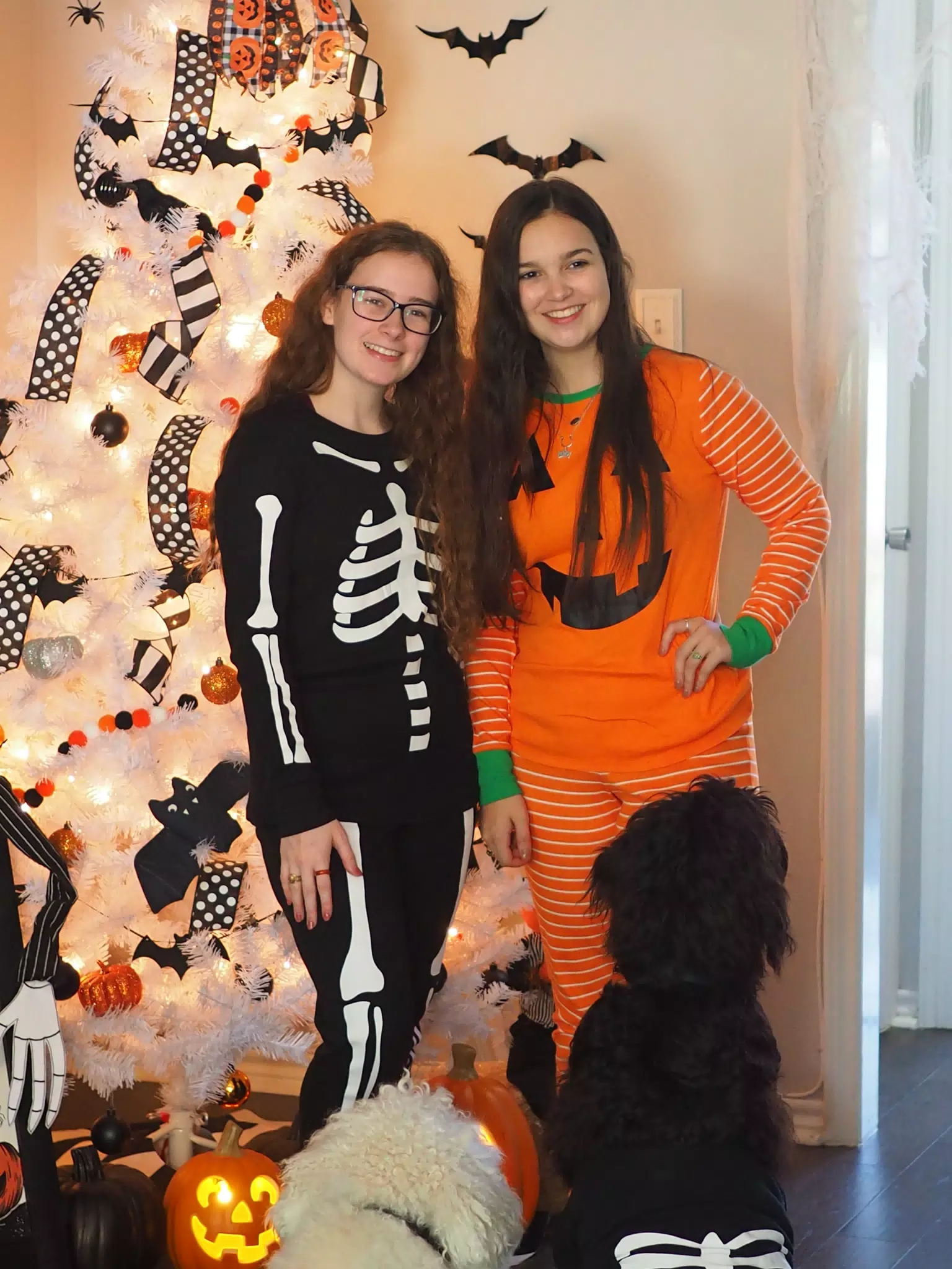 Madeline & Emily w Dogs in Halloween Pajama Photoshoot