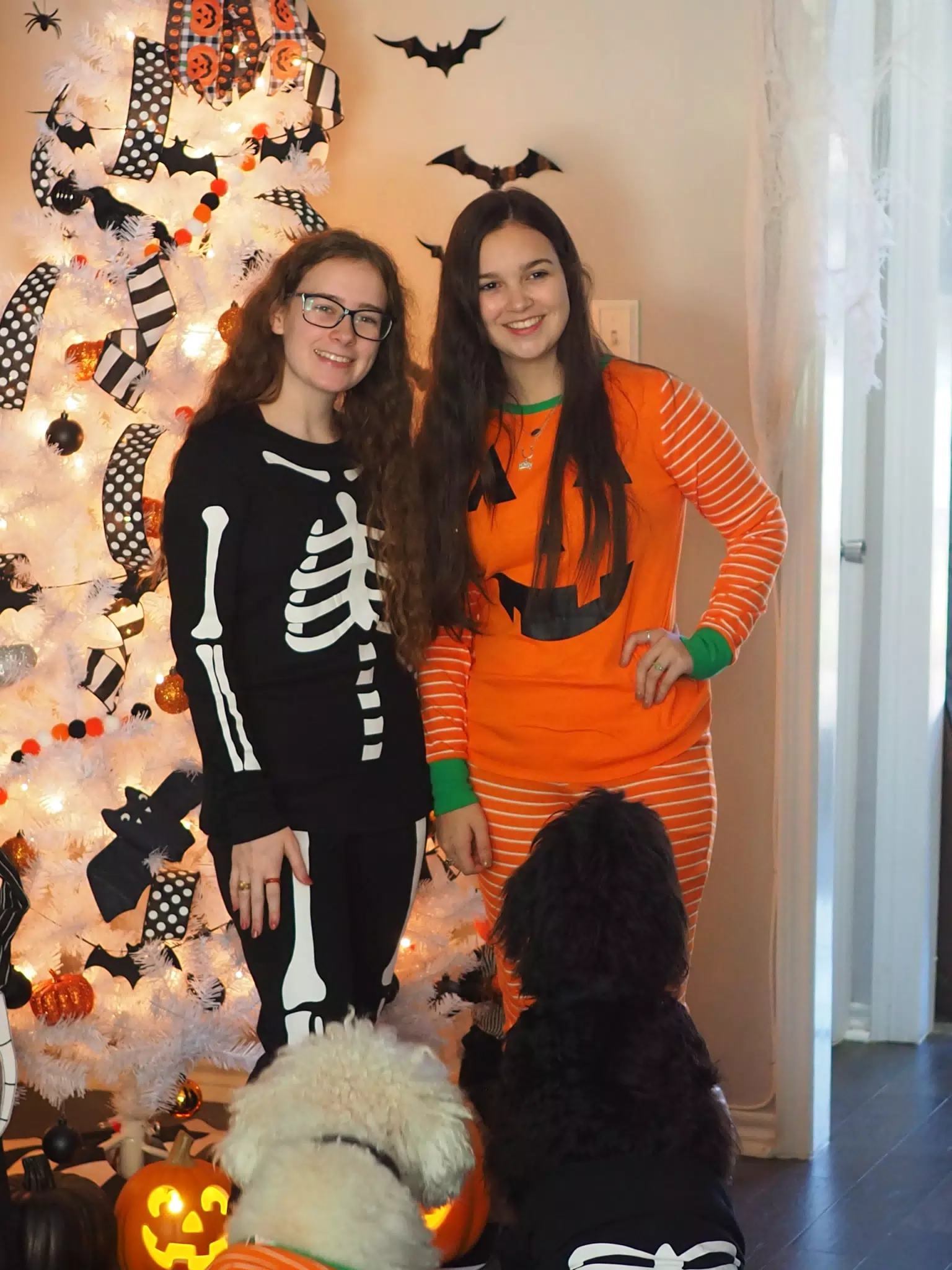 Madeline & Emily w Dogs in Halloween Pajama Photoshoot
