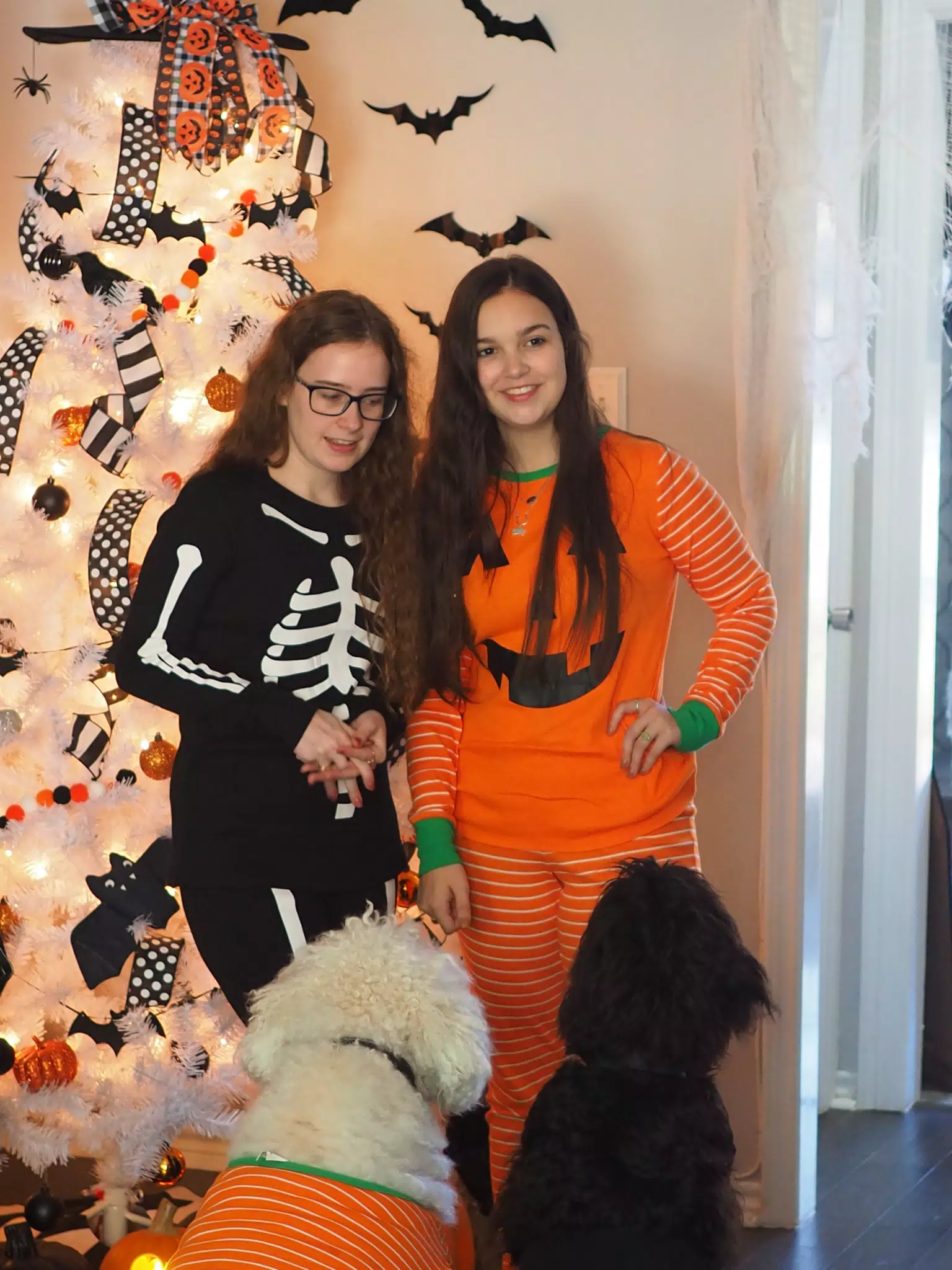 Madeline & Emily w Dogs in Halloween Pajama Photoshoot