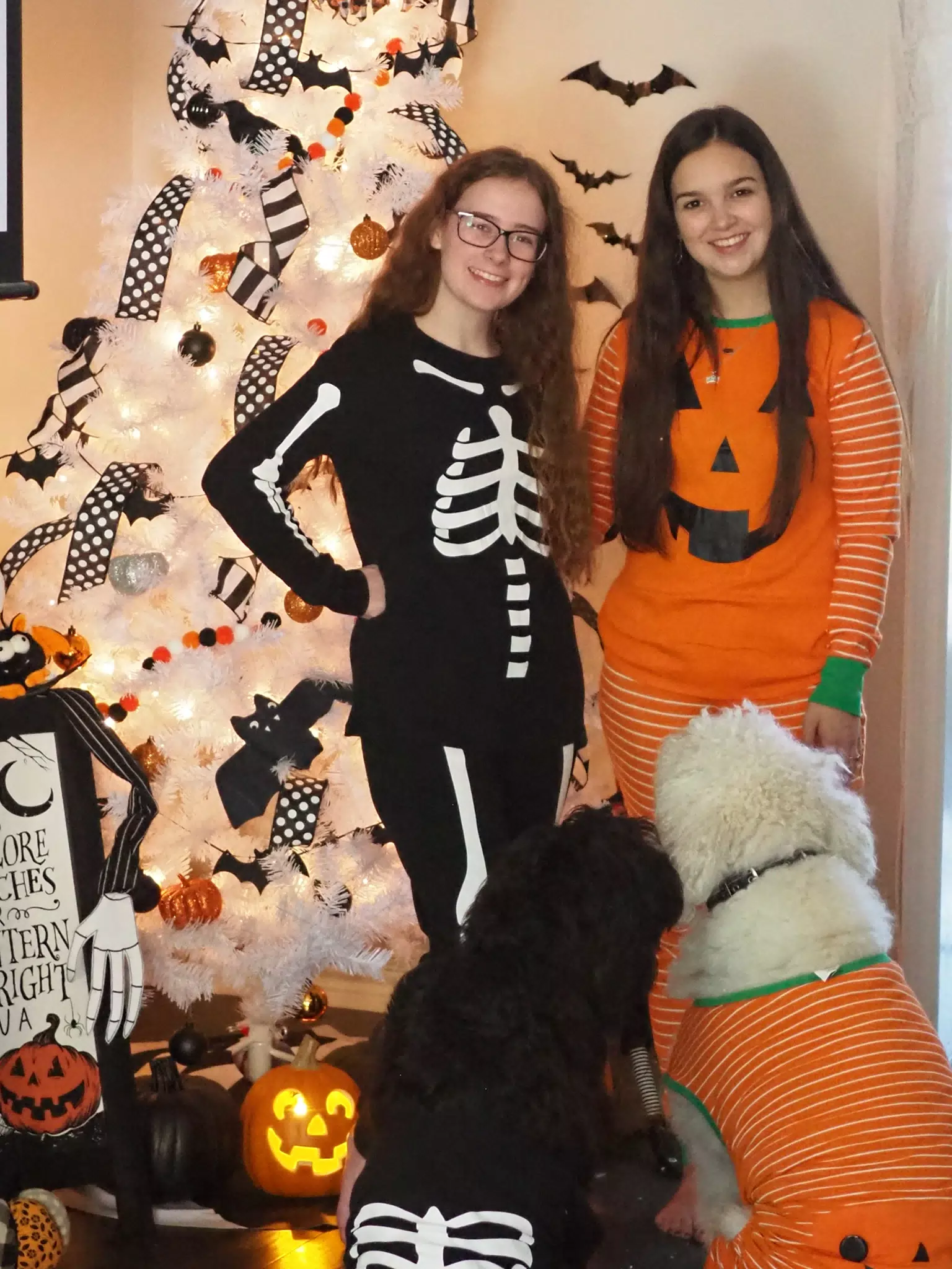 Madeline & Emily w Dogs in Halloween Pajama Photoshoot